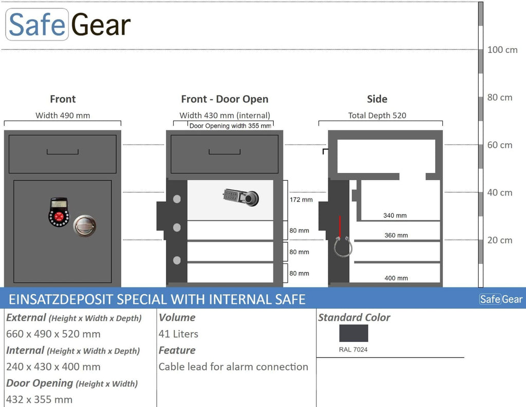 EINSATZ DEPOSIT SAFE SPECIAL WITH INTERNAL COMPARTMENT - SIZE ILLUSTRATION